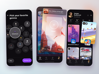 Skich | New way to discover mobile games app arcade cards discover explore game interface like mobile mobile app onboarding play product profile search swipe tinder ui ux