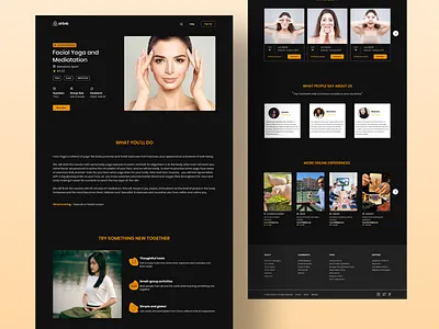 Airbnb Experience Redesign - Dark Theme airbnb application branding dark theme design experience facial footer gradient health instructor meditation redesign testimonials ui ux website yoga
