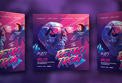 Retro Tron Party Flyer 80`s 80s awesome flyer future futuresynth invite music neon new outrun party retro retrowave skull synth synthwave wave