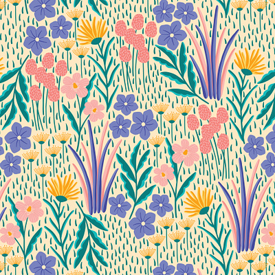 Floral field fabric fabric design flat design floral pattern flower design print design repeating pattern seamless pattern surface pattern surface pattern design textile textile print vector pattern