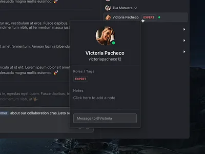 💬 Mini Profile - Stocklabs Collaboration app dark dashboard design desktop hover message mini profile minimal profile profile hover ui user user interface user interface flat minimal user profile ux web website navigation logo plus add