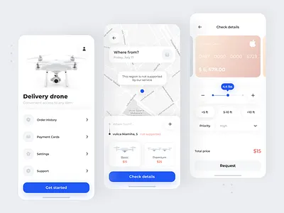 Drone Delivery App - UI Concept app cards clean drones future interface ios map minimal minimalistic mobile payment portfolio rent request tracking ui uiux ux white