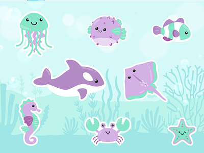 Under the Sea Animals fish illustration jellyfish seahorse starfish stingray under the sea underwater vector art whale