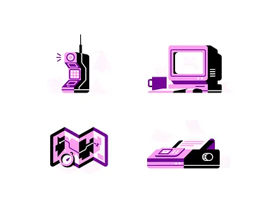 Purple Spots brick phone compass computer map outdated phone printer retro spot illustrations technology technology icons vintage