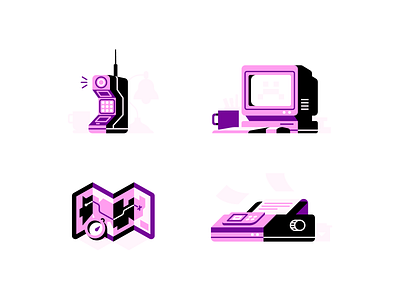 Purple Spots brick phone compass computer map outdated phone printer retro spot illustrations technology technology icons vintage