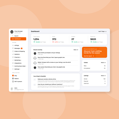 Etsy Shop Manager app clean concept dashboard design etsy interface landing minimal product shop simple ui uiux user experience user interface ux web web design website