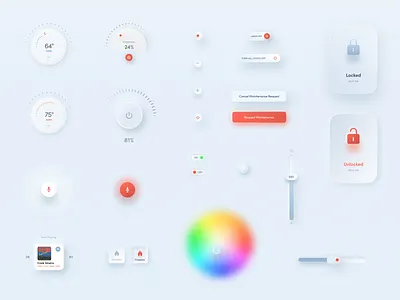 Figma interactive UI elements and controls design library design system device controls figma knob mobile app neumorphic neumorphism product design skeumorphism slider smart home smart light smart lock switch thermostat ui design ui set user inteface voice assistant