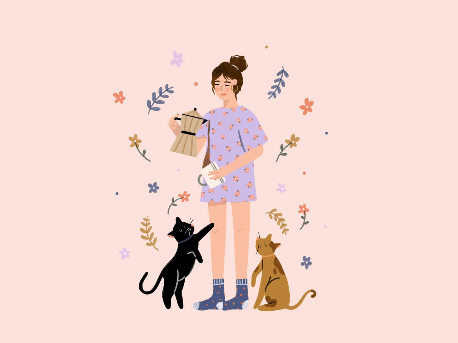 Roommates animated gif cat coffee design floral flowers gif hand drawn illustration illustrator lady people procreate woman