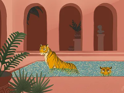 Tigers in the Pool art flat graphic art illustration pink pool print summer terracotta tiger tigers