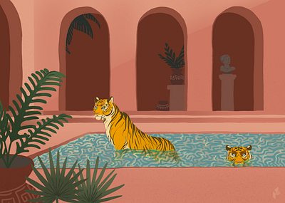 Tigers in the Pool art flat graphic art illustration pink pool print summer terracotta tiger tigers