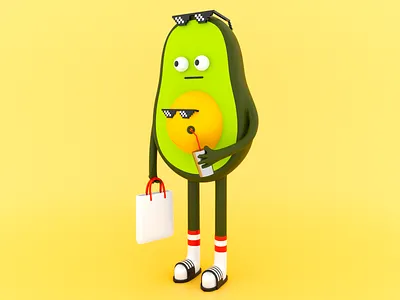 Avocadooooooo 3d 3dmodelling 3drendering arnold arnoldrender avocado c4d cinema4d drink low poly lowpoly pixel slipper sunglasses