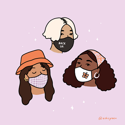 Mask-wearing cuties bucket hat characters coronavirus covid 19 face mask fashion illustration illustration millenials portraits social distancing teens trendy