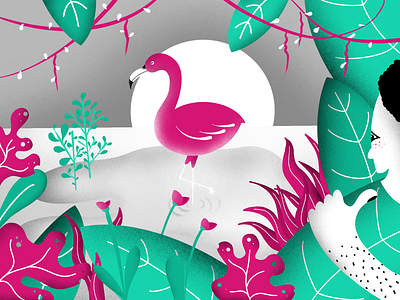 Beautiful Flamingo and a jungle man art bushes design drawing drawn flamingo hiding human illustration illustrations jungle lake man nature procreate