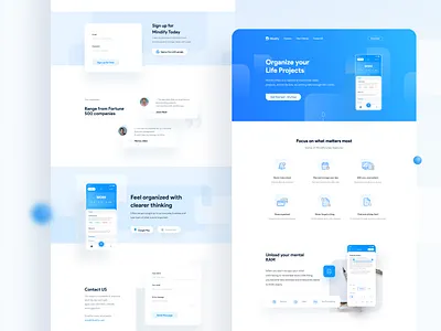 Mindify Website blue design expenses flat home homepage icon identity illustration illustrator landing landing page minimal note task todolist ui vector web
