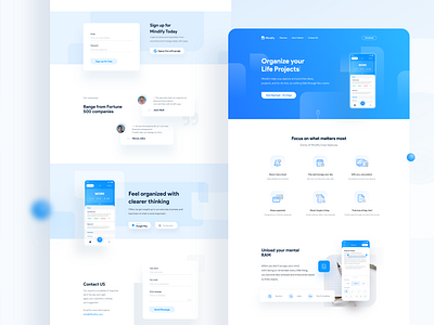 Mindify Website blue design expenses flat home homepage icon identity illustration illustrator landing landing page minimal note task todolist ui vector web