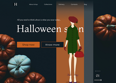 Landing of women's shop design girl halloween illustration orange pumpkin shop web woman