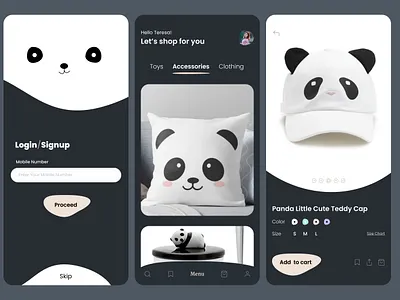Panda product shop add to bag add to cart app button design ecommerce illustration login mobile app design panda shopping app ui ux