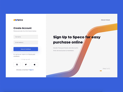 Speco sign up adobexd branding clean clean design clean ui concept design form glasses gradients logo minimalistic modern signup signup page social ui ux webdesign website