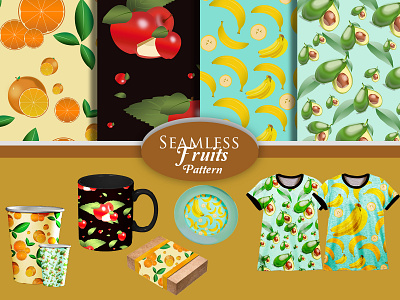 FRUITS PATTERN apple avocado banana box branding cup design fruits illustration ilustrator lemon patterns plate textile vector wrapping