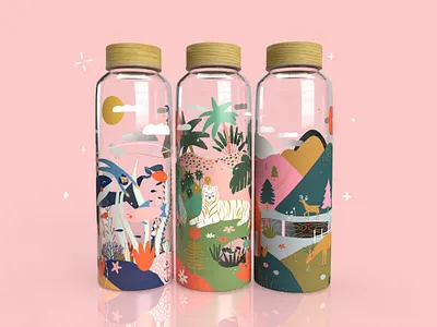 Bottles collection 💧 adobe dimension animal aquatic bottle design bottle mockup branding forest illustration illustration art illustrator jungle kids illustration moutain packagingdesign