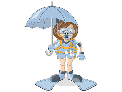 Girl diver under an umbrella. aqualung caricature cartoon costume dipping diver female floating frogman girl lady mask portrait rain rainy suit swim tube umbrella woman