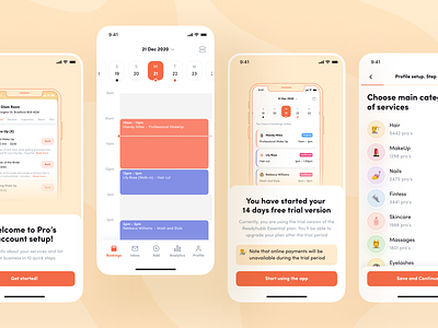 Readyhubb. Mobile App to book beauty services app beauty booking calendar design emoji icons mobile onboarding orange registration screen sign in sign up subscription tasks typography ui ux