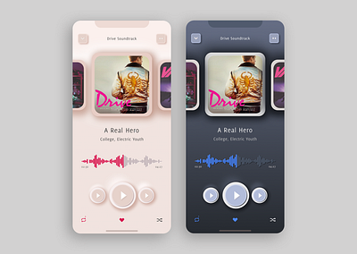 Music Player app UI - inspired by 'Drive' app clean design dailyui dark interface design feminine design graphicdesign minimalist moderndesign music app playlist retrodesign ui