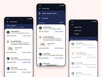 Carpooling App application car design details list location map mobile pick pool request route slide time ui ux