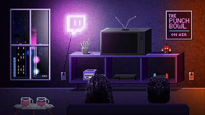 Game Room [Pixel Art] city cityscape couch fake plant gamecube gaming living room neon nintendo pixel art poster ps4 snob switch the punch bowl tpb tv twitch