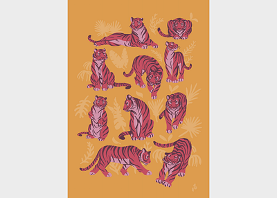 Tigers on Gold art flat gold graphic art illustration pattern pink print tiger tigers tropical leaves