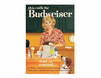 This calls for a Budweiser advertising advertisment beer beverage budweiser campaign commercial art food illustration magazine ad national print retro vintage