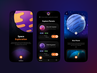 Space Exploration App 3d app card card ui color dark ui design discover mobile planet space space exploration travel ui uiux universe ux