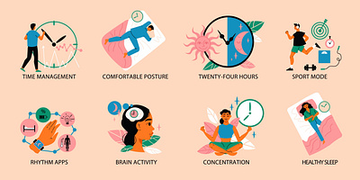 Circadian rhythm icons set biological flat illustration meditation rhythm vector