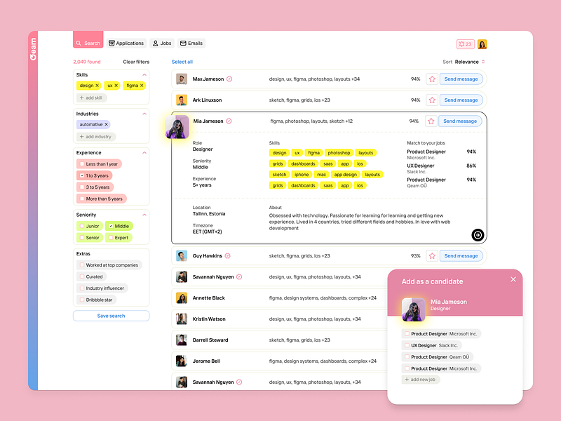 Talent search applicants ats bright complex crm dashboard hr hrms human resources jobs light minimalistic product design prospect search talent search talents tms ui ux