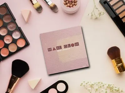 MAKE GLOW Square Card #1 artist beautiful beauty brand brand identity business business card colour cream glow label logo logo design make makeup mark pastel shade square card unique