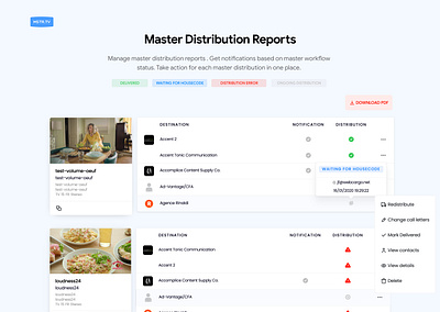 Master Distribution Reports actions masters popovers reports status tooltips video masters