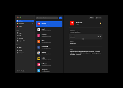 Bitwarden Design Concept for macOS big sur bitwarden catalina dark mode dark ui desktop invision studio ipad macos os x password manager privacy