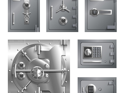 Safe lockers doors set illustration locker protection realistic security vector