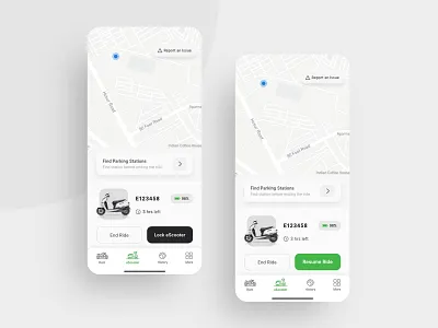 Ride screen - Pause & Resume options ( light theme ) adobe xd app app design booking app design flat flat design interface location micromobility minimal mobility travel ui ui ux uidesign uiux