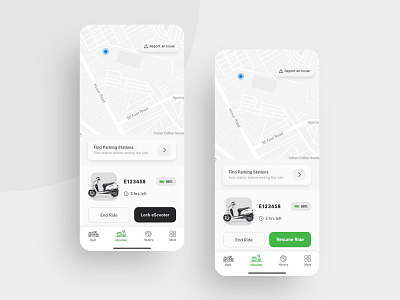 Ride screen - Pause & Resume options ( light theme ) adobe xd app app design booking app design flat flat design interface location micromobility minimal mobility travel ui ui ux uidesign uiux