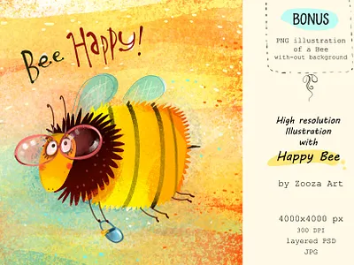 Happy Bee animal bee character clipart design illustration illustrations insect prints stickers summer watercolor zooza