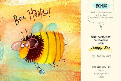 Happy Bee animal bee character clipart design illustration illustrations insect prints stickers summer watercolor zooza