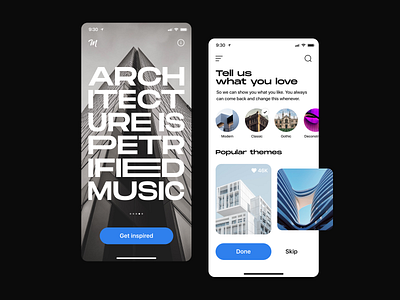 Architecture Inspiration App app appdesign architecture black and white blue clean concept design figma fun inspiration minimal mobile mobile design photography ui user experience user interface ux