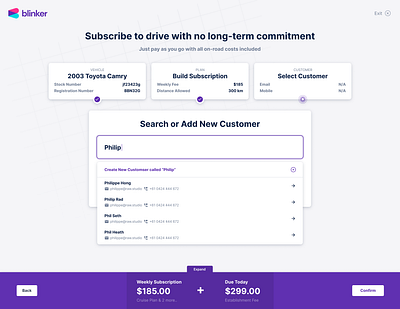 Blinker Checkout - Service Design add new customer automotive car sales checkout checkout flow funnel search searching service design