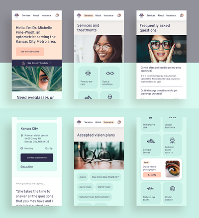 Optometrist website design doctor eye glasses mobile optometry pastel services ui vision website