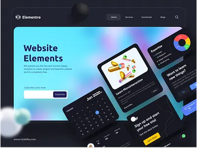 Elementro - Free UI Kits (Dark Mode) alert blog branding calendar cards chart dark mode design download icon illustration landingpage login logo minimal profile toggle typography ui website