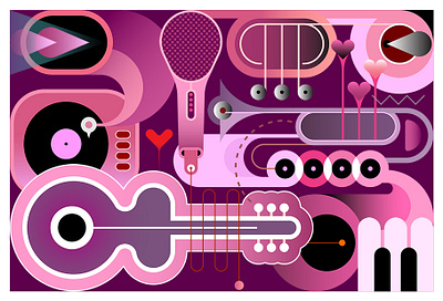 Abstract Music Background acoustic guitar background color design gramophone guitar microphone music musical musical instrument piano piano keyboard piano keys pink purple saturated saxophone shades trumpet violet