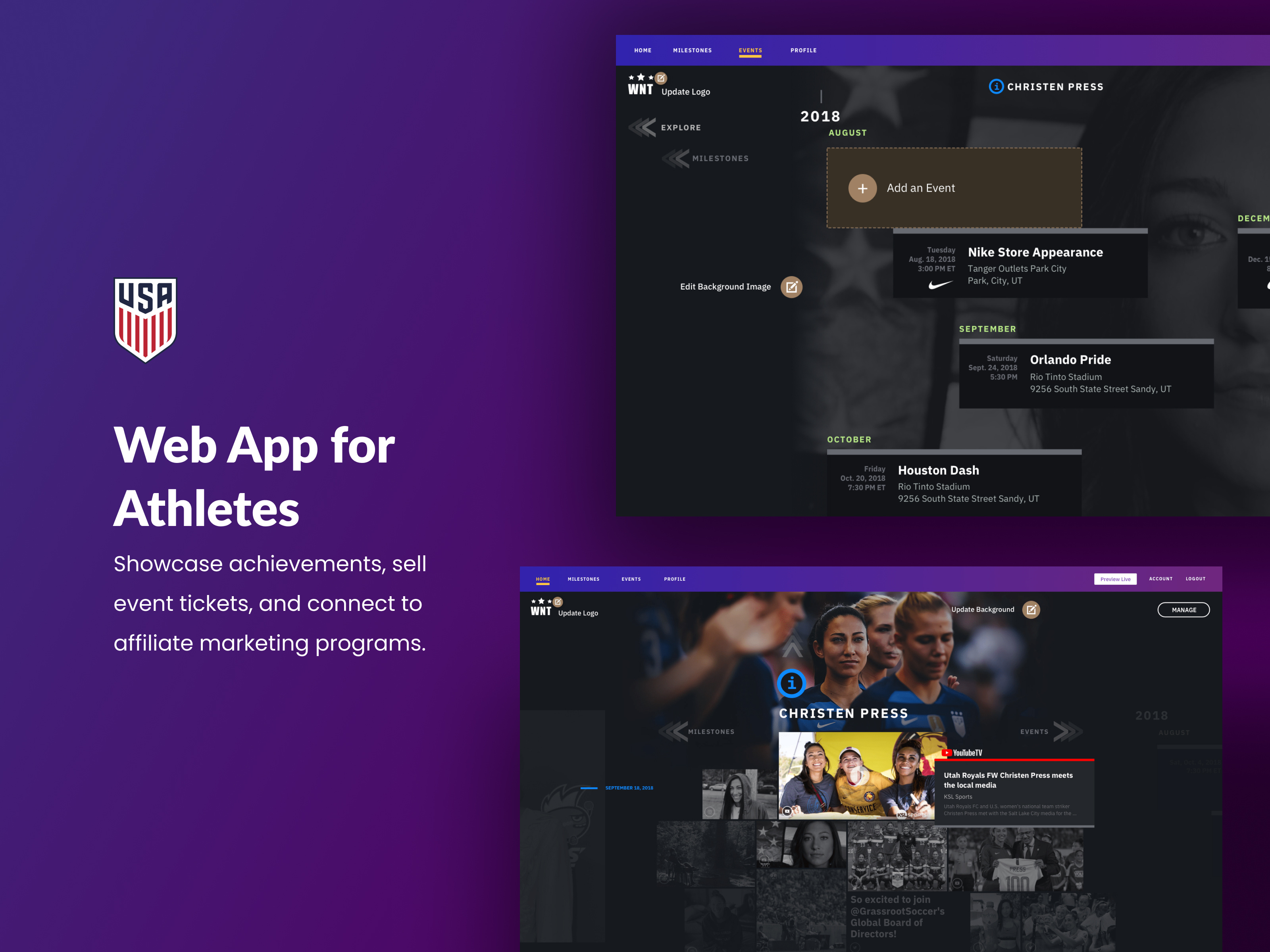 Web App for Athletes app app design athlete events gallery history ipad design product design profile soccer social media tablet design timeline ui ux web app web app design website womens soccer