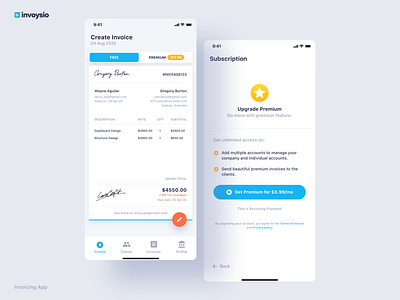 Invoysio - Invoicing App android client edit invoice ios material menu premium preview profile settings tabs template