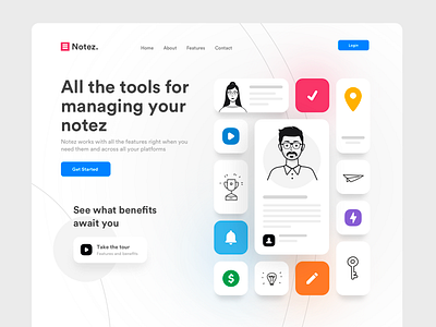 Notez Homepage Reloaded branding characters colors flat grid home homepage identity illustration landingpage minisite notes remind soft colors ui ui design vector website